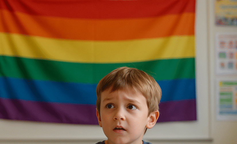 A child sitting in a classroom is looking confused or uncertain while holding a colouring book or textbook, a rainbow flag is hung on the classroom wall.